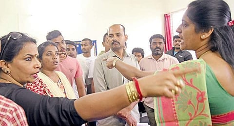 Parents staged a protest in front of the school on Thursday morning, demanding action against the teacher who hit the child | Nagaraja Gadekal