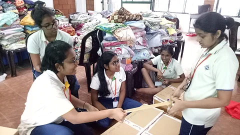 Students of Global Public School during the relief work