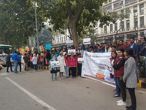 AIRSA and research fellows from all over India started protesting in front of the Ministry of Human Resource Development's headquarters in New Delhi (Pic: Nikhil Gupta)