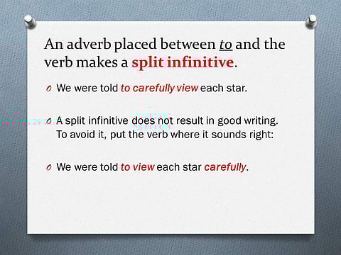 When an adverb or adverbial phrase is placed between the word ‘to’ and a verb as in the examples to politely decline, to confidently face, and to casually walk, we call it a split infinitive