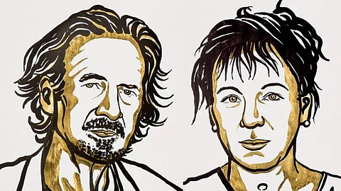 Nobel laureates Peter Handke and Olga Tokarczuk (Illustrations by Niklas Elmehed, Photo courtesy Nobel Media)