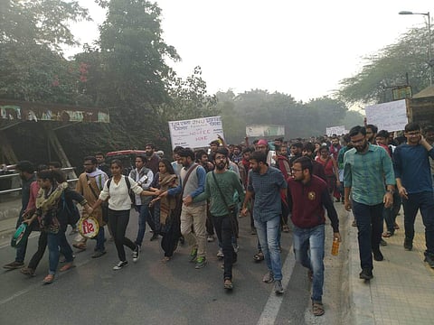 JNU students march towards the AICTE auditorium on Nelson Mandela Marg on Monday (Pic: JNUSU)