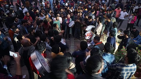 Students protesting at the Freedom Square (Pic: JNUSU)