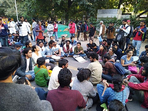 The students protesting at the Ambedkar Park (Pic: Apeksha Priyadarshini)
