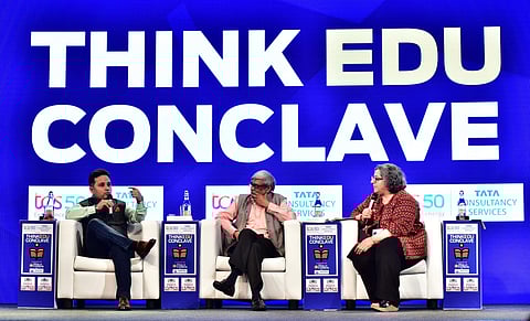 Amish Tripathi was in conversation with author and economist Bibek Debroy and senior journalist Kaveere Bamzai about whether Lessons from our Epics needed to be in our curriculum (Express/P Jawahar)