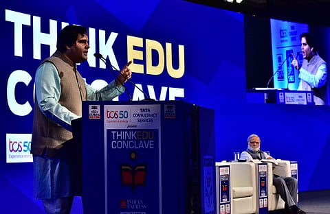 Feroze Varun Gandhi speaks at the ThinkEdu Conclave 2019 as TNIE Editorial Director Prabhu Chawla looks on (Pic:Express/P Jawahar)