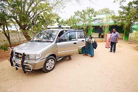 Anbuselvan picking up students from school and dropping them back at their homes in his car at Chinna Sengal in Karur (Pic: Arvind Raj/Express)