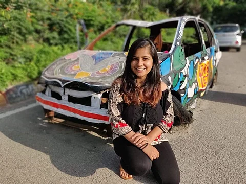 One of her most famous works is that she painted an abandoned car in Kukatpally and that really got her a lot of attention (Pic: Aayushi)