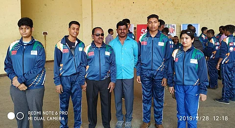 Veena HV (starting left) Sushantho Bose and Mallappa Rajgolkar (second right) along with their trainers at Delhi preparing for the Special Olympics World Game Abu Dhabi 2019