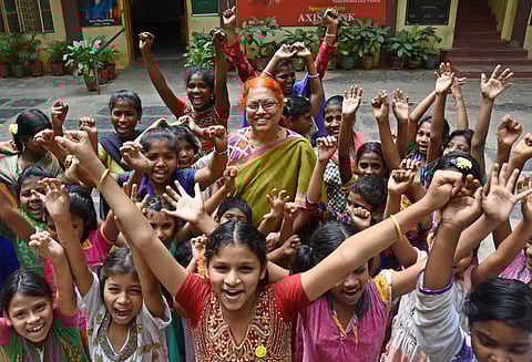Young girls with Dr Bollineni | (Pic: P Ravindra Babu)