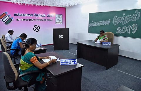 Modern polling booth have been designed at the Coimbatore Government Arts College on Wednesday for the public to make a visit and clear their doubts on casting vote (Pic: Express)