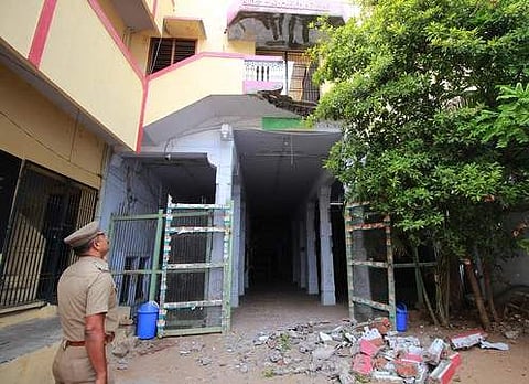 Deputy Director of Fire and Rescue Service Saravanakumar and District Fire Officer Kalyanakumar inspected the building (Pic: Express)
