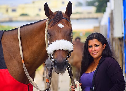 Parvati Byramji with her horse at Bengaluru's Race Course (Pic: Pandarinath B)