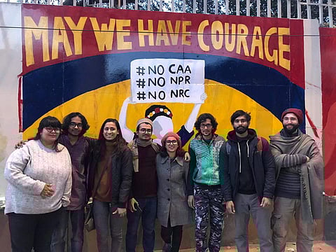 Jamia students like Abhiram P, Kulsum Sheikh, Aftab and freelance artist Disha Bhuraria have now become regulars (Pic: Nehal Ahmed)