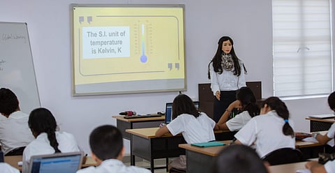 A robot teaching lessons at Indus International School