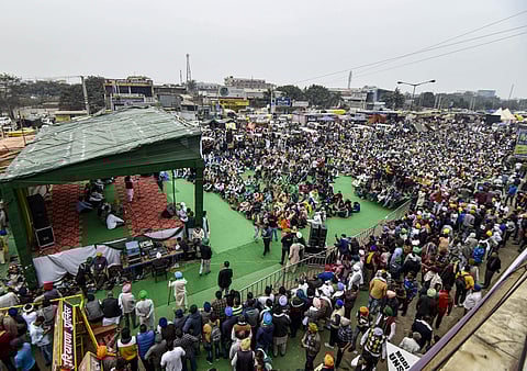Farmers gather in large numbers at Singhu border during their 'Delhi Chalo' protest march against the Centre's new farm laws, in New Delhi, in New Delhi, Friday (Pic: PTI)