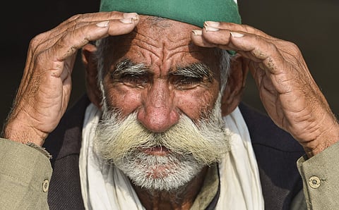 A farmer at the protest at the Delhi border (Pic: PTI)