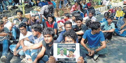 Students protest demanding action against the duo (Pic: Express)