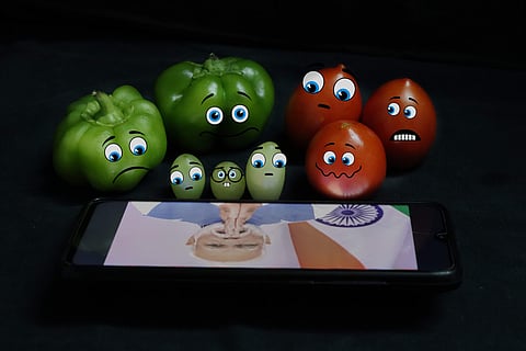 Fruits and vegetables watch the PM's address (Pics: Brijesh Dhobi)
