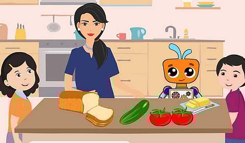 Yash, Yashika and their mother with Mr Bot | (Pic: Scholastic)