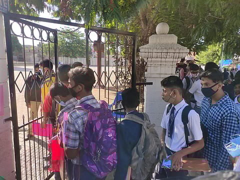 Students wait to enter the exam centre at St Germain High School in Bengaluru (Pic: Rashmi Patil)