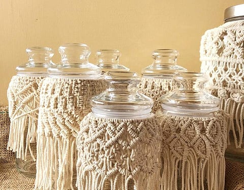 Glass jars covered with macramé (Pics: Kavia Udhayasuriyan)