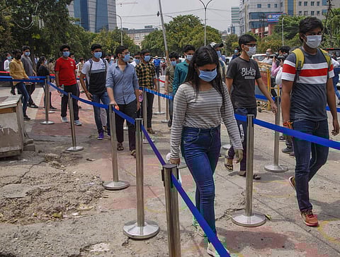 Students walk out after appearing for their JEE Main exam at a centre in Noida (Pic: PTI)