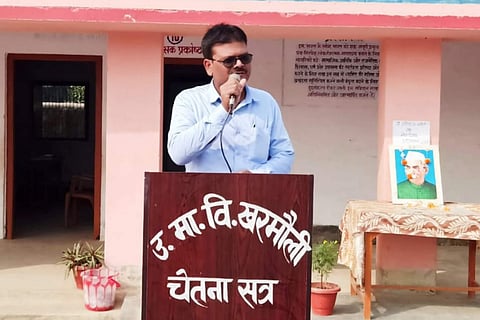 Sahani addressing his students at assembly (Pic: Sant Kumar Sahani)