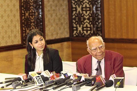 Tanvi Dubey and Ram Jethmalani during a press conference