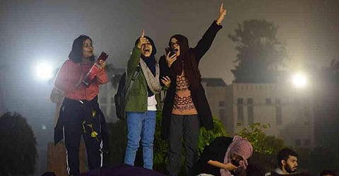 This was the defining image of anti-CAA protests. The image shows students of Jamia leading it | Pic: Twitter