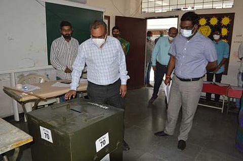 Chief Electoral Officer Shashank Goyal inspected the voting process in Art and Science College in Hanamkonda on Sunday