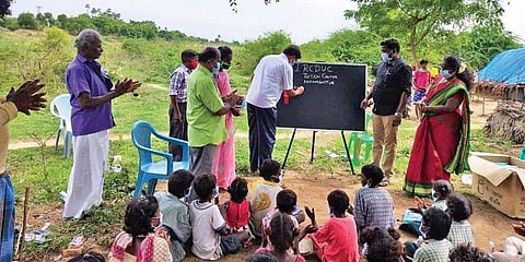 Classes being conducted using a portable blackboard | Pic: Express
