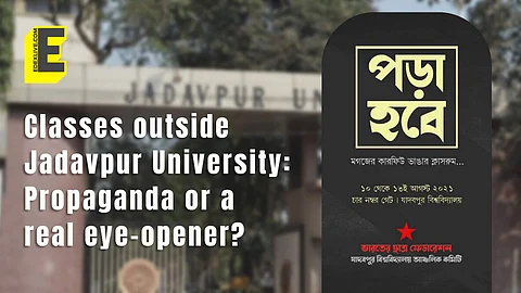 The open-air classes are being held right outside the Gate No 4 of the university, on the main road (Pic: Express)