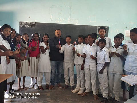 CM Nagaraja along with his students at Doddabanahalli Government High School