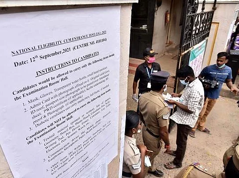 Students lining up to enter a NEET exam centre in Chennai on Sunday | Pic: EPS