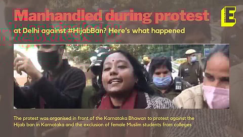 The protest was organised in front of the Karnataka Bhawan to protest against the Hijab ban in Karnataka (Pic: EdexLive)