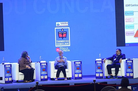 Kaveree Bamzai in conversation with TG Sitharam, Director of IIT Guwahati and Timothy A Gonsalves, former director of IIT Mandi | Pic: Ashwin Prasath