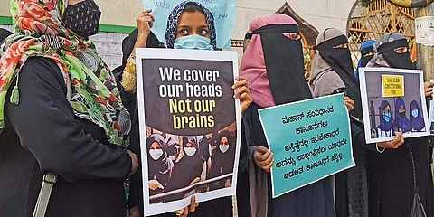 Women protest against the ban on hijab in Bengaluru. (File Photo | Pic: Vinod Kumar, TNIE