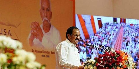 Vice President Venkaiah Naidu speaking at the Ramineni Foundation's Pratibha Puraskarams event, March 1, 2022. (Photo | Twitter, VPSecretariat)