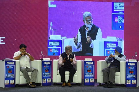 Palanivel Thiagarajan and Montek Singh Ahluwalia in a session with Prabhu Chawla | Pic: R Sathish Babu