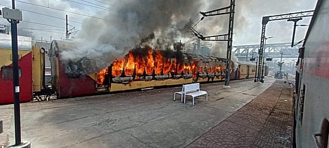 Train burning at Secunderabad Railway Station in Telangana | (Pic: Express)
