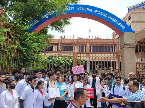 Students protested outside the NMC office in Delhi on July 5