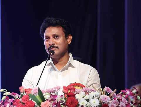 School Education Minister Anbil Mahesh Poyyamozhi speaking during the Children's Day celebrations.