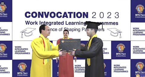 A working professional receiving his degree from, Prof. V. Ramgopal Rao, Vice Chancellor of BITS Pilani, at the convocation ceremony in the Metaverse Environment | (Pic: BITS)