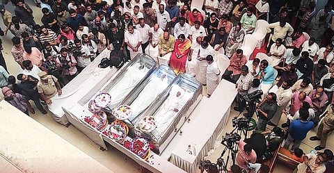 The bodies of the students, Sarah Thomas, Athul Thambi, and Ann Riftha, who died during the stampede at CUSAT’s music concert kept on the campus for the public to pay their respects | (Pic: Express)