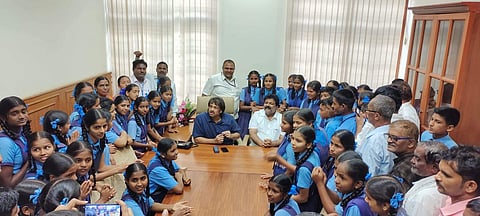 A file picture of School Education and Literacy Minister Madhu Bangarappa's interaction with a government school students