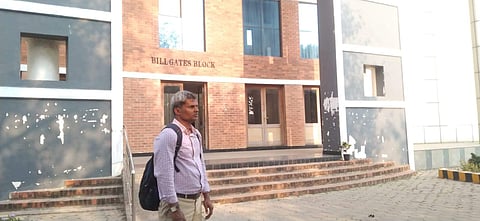 Prof Miranda Tomkinson in front of the exam centre | Pic: Prof Tomkinson