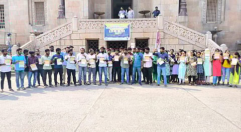 Students protest at Osmania University against PhD fee hike | (Pic: Sathya Nelli)