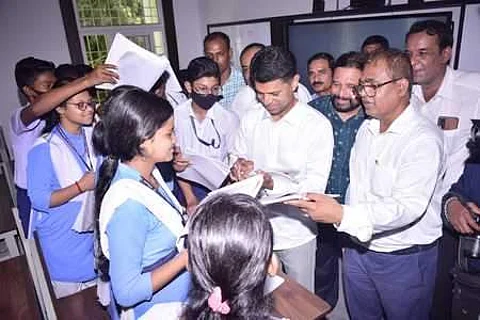 Pandian interacting with the students and teachers of Secondary Board High School in Cuttack on Friday, June 30 I EXPRESS