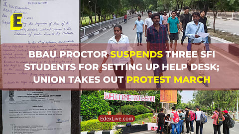 Picture collage (from L-R): memorandum to Vice-Chancellor Prof. Sanjay Singh, students protest march, suspension order by Proctor Prof. Sanjay Kumar and the help desks by SFI unit. (Pics: SFI)